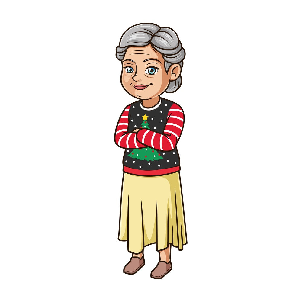 Old woman wearing ugly christmas sweater. PNG - JPG and vector EPS (infinitely scalable).