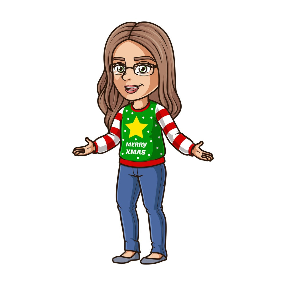 Girl wearing ugly christmas sweater. PNG - JPG and vector EPS (infinitely scalable).