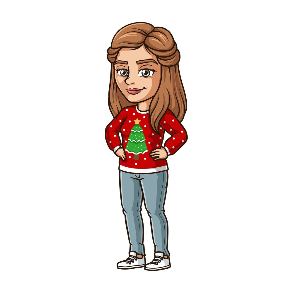 Woman wearing ugly xmas sweater. PNG - JPG and vector EPS (infinitely scalable).