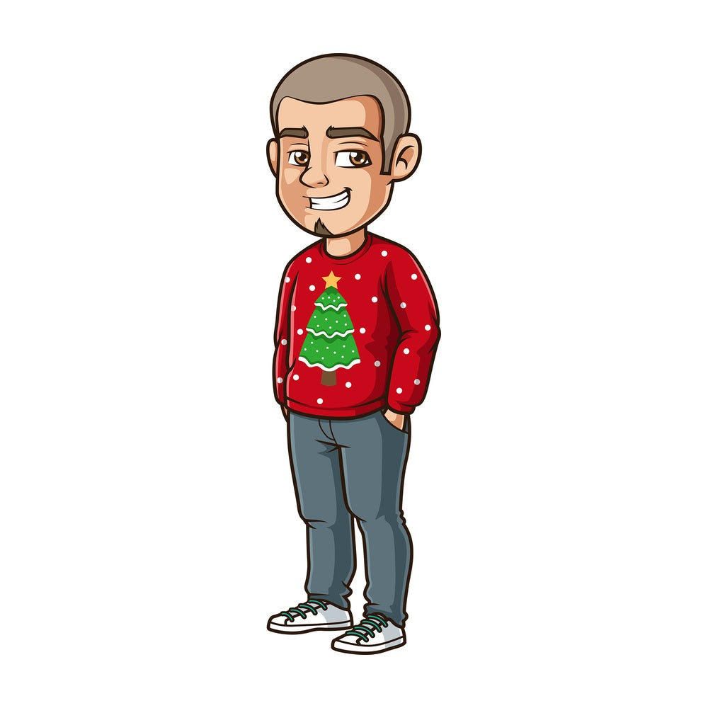 Hispanic man wearing ugly xmas sweater. PNG - JPG and vector EPS (infinitely scalable).