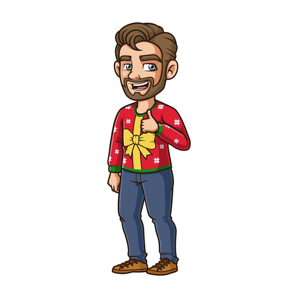 Dude wearing ugly christmas sweater. PNG - JPG and vector EPS (infinitely scalable).