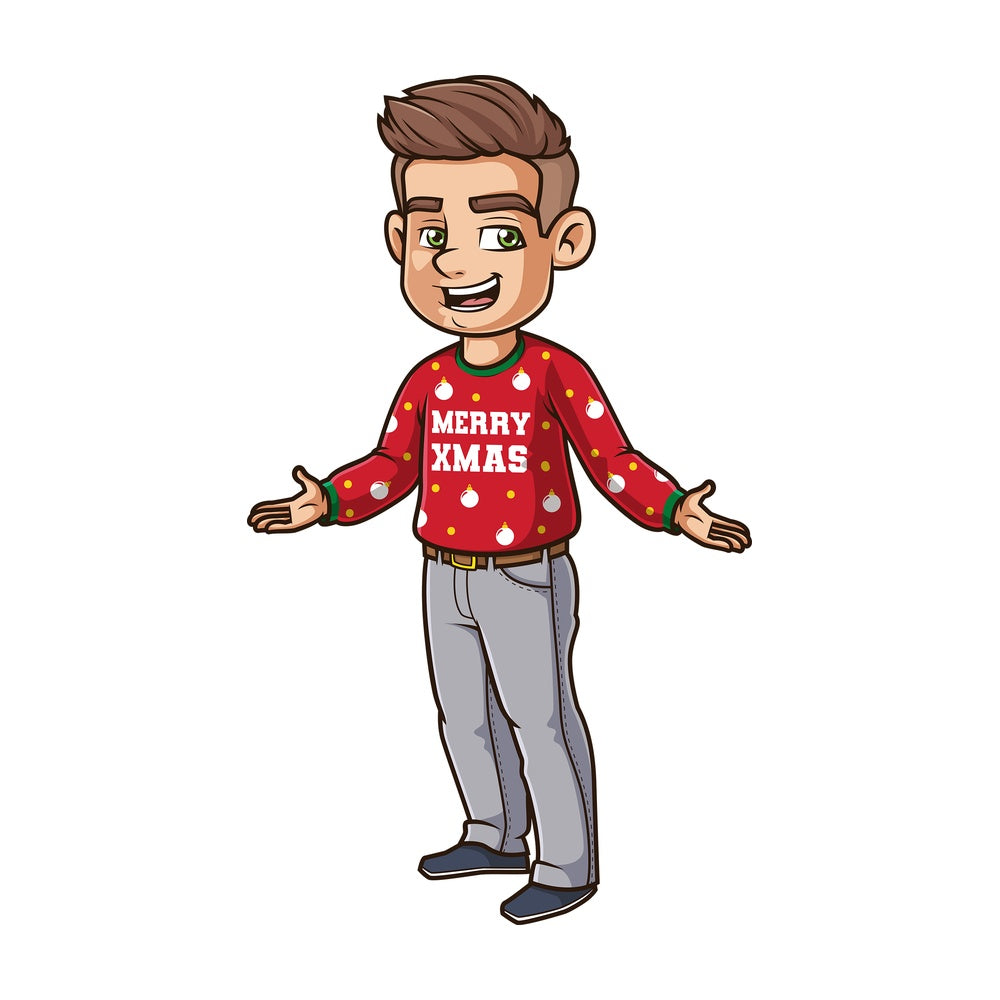 Guy wearing ugly christmas sweater. PNG - JPG and vector EPS (infinitely scalable).