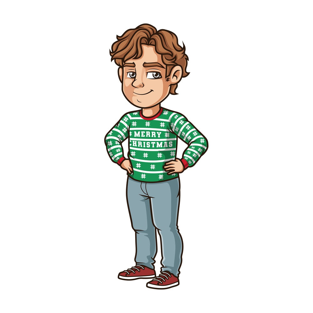 Young man wearing ugly xmas sweater. PNG - JPG and vector EPS (infinitely scalable).