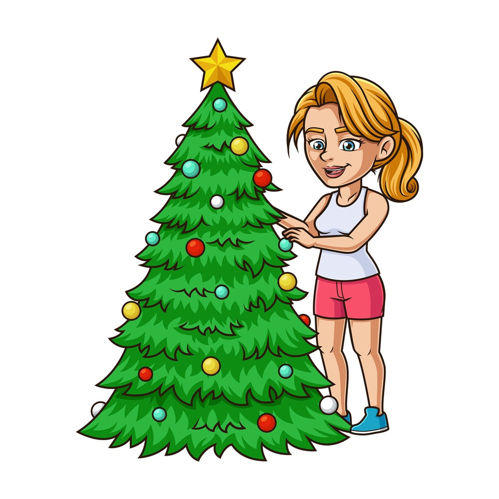 Caucasian woman decorating christmas tree. PNG - JPG and vector EPS (infinitely scalable).