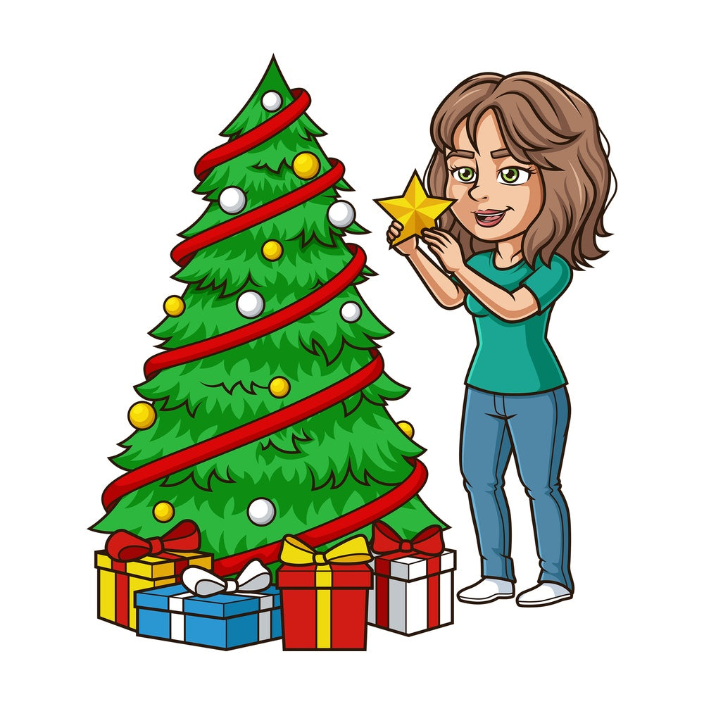 Hispanic woman decorating christmas tree. PNG - JPG and vector EPS (infinitely scalable).