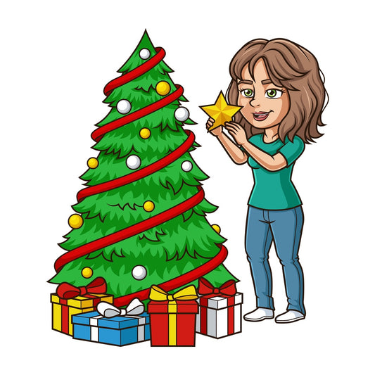 Hispanic woman decorating christmas tree. PNG - JPG and vector EPS (infinitely scalable).