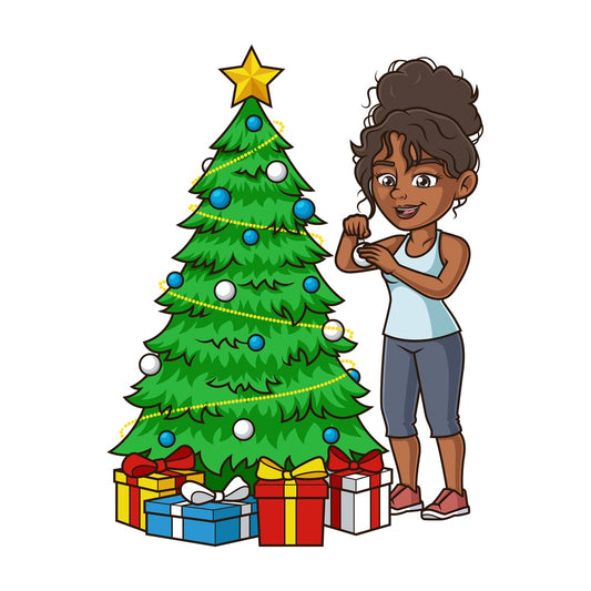 Black woman decorating christmas tree. PNG - JPG and vector EPS (infinitely scalable).