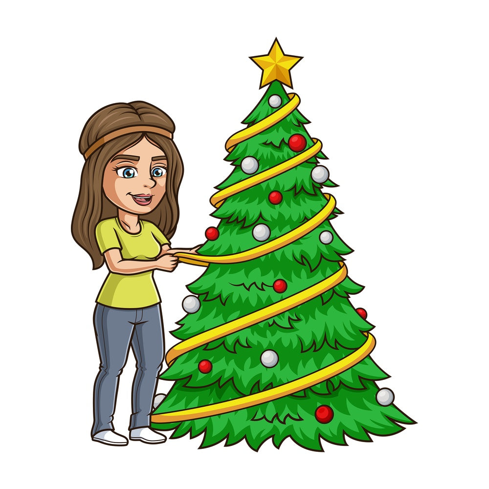 Gal decorating christmas tree. PNG - JPG and vector EPS (infinitely scalable).
