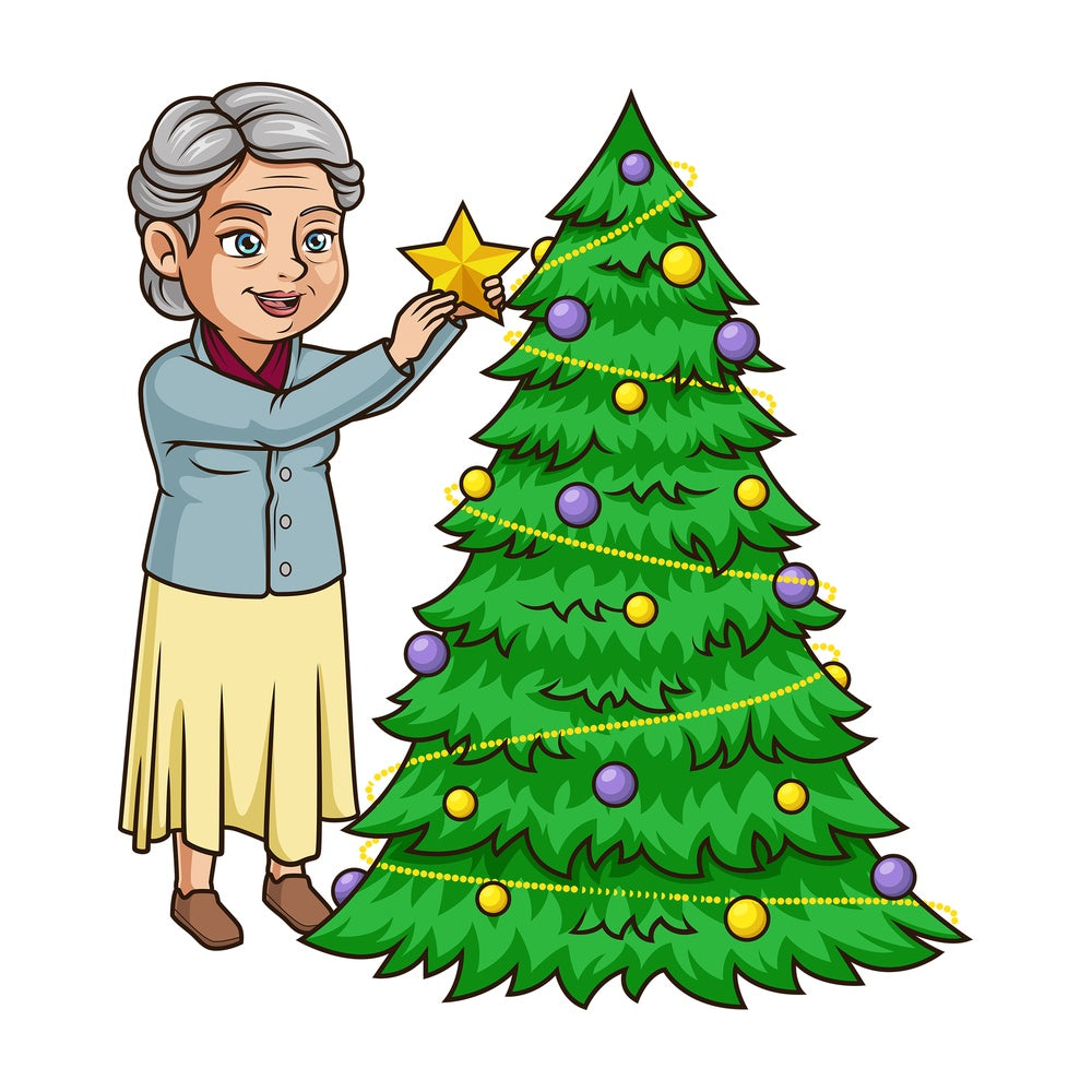 Old woman decorating christmas tree. PNG - JPG and vector EPS (infinitely scalable).