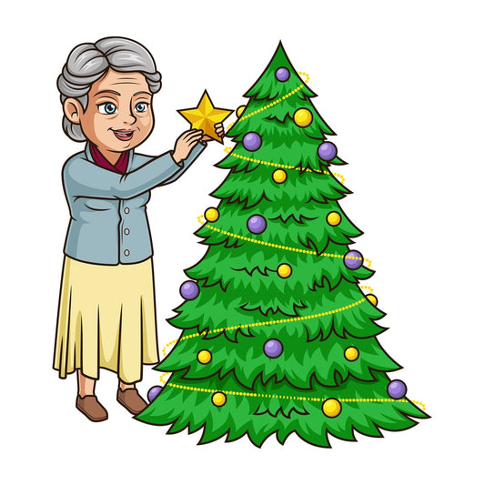 Old woman decorating christmas tree. PNG - JPG and vector EPS (infinitely scalable).