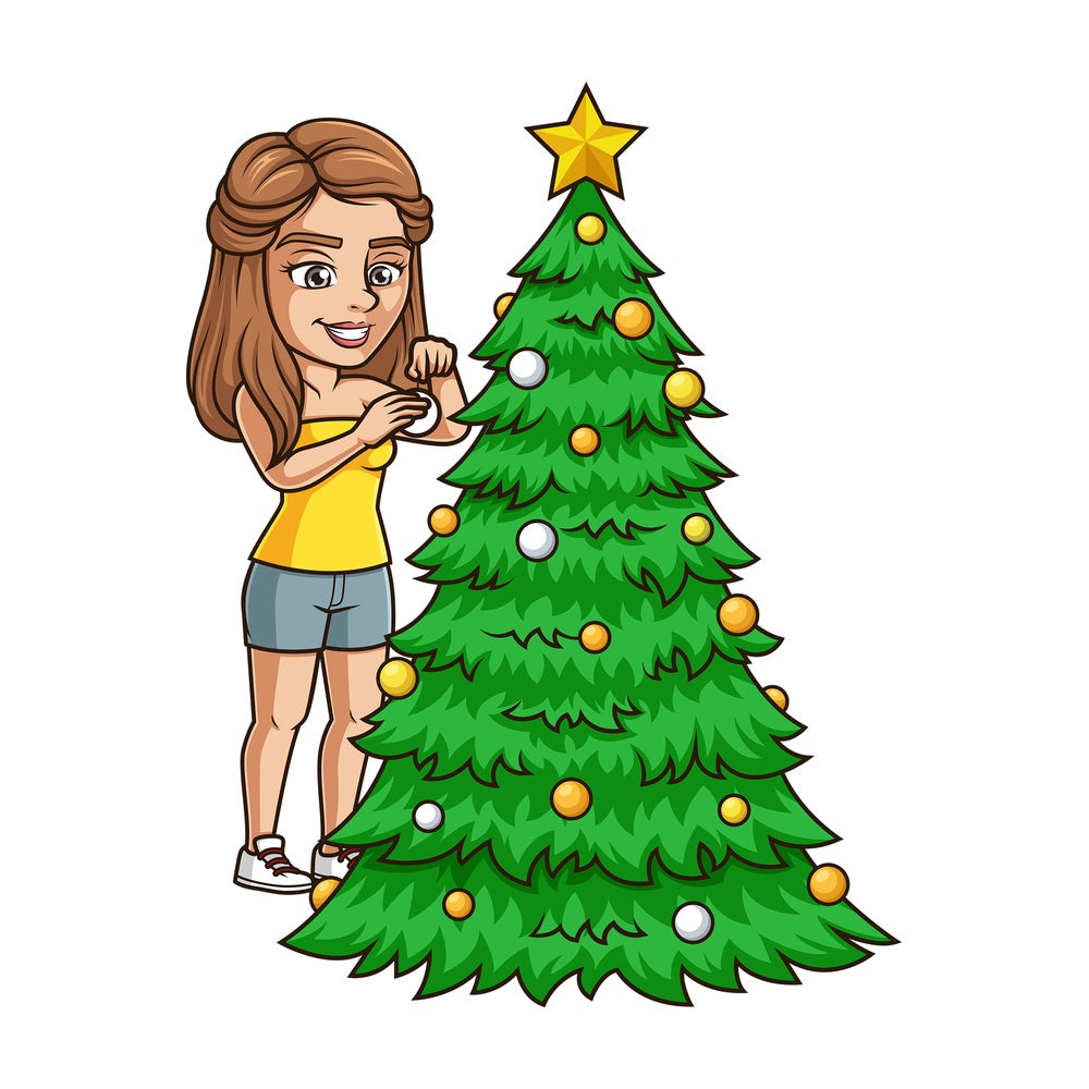 Young woman decorating xmas tree. PNG - JPG and vector EPS (infinitely scalable).