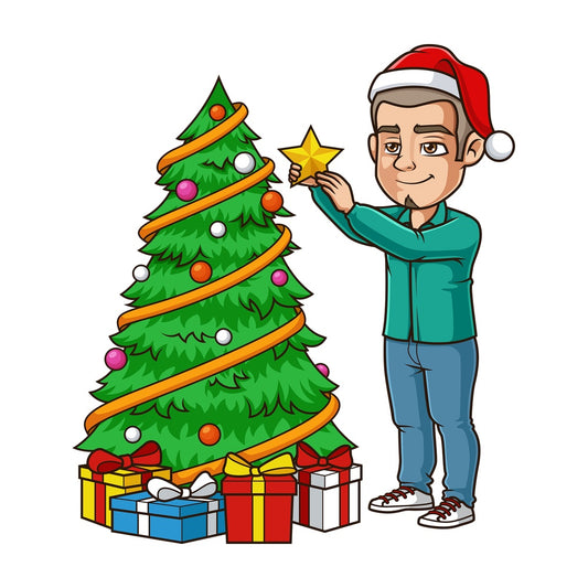 Latino man decorating christmas tree. PNG - JPG and vector EPS (infinitely scalable).