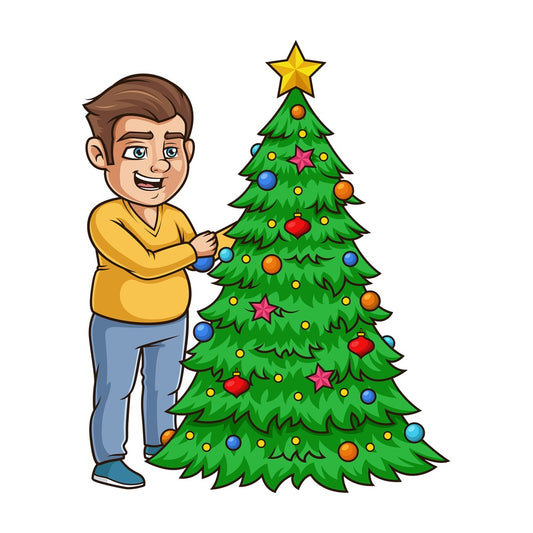 Chubby guy decorating christmas tree. PNG - JPG and vector EPS (infinitely scalable).