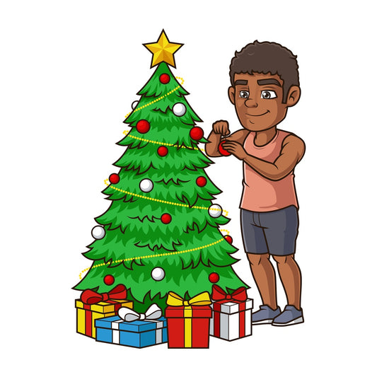 Black man decorating christmas tree. PNG - JPG and vector EPS (infinitely scalable).