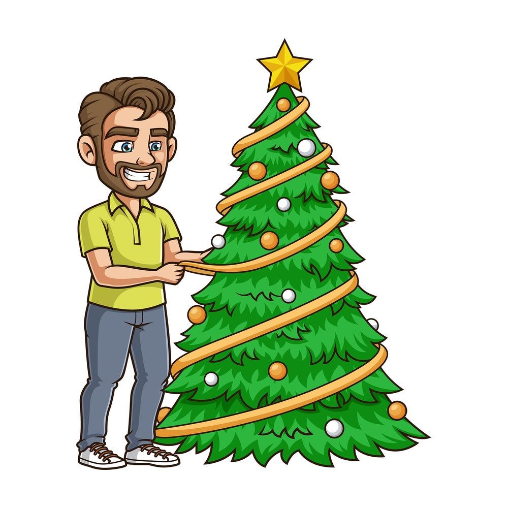 Dude decorating christmas tree. PNG - JPG and vector EPS (infinitely scalable).