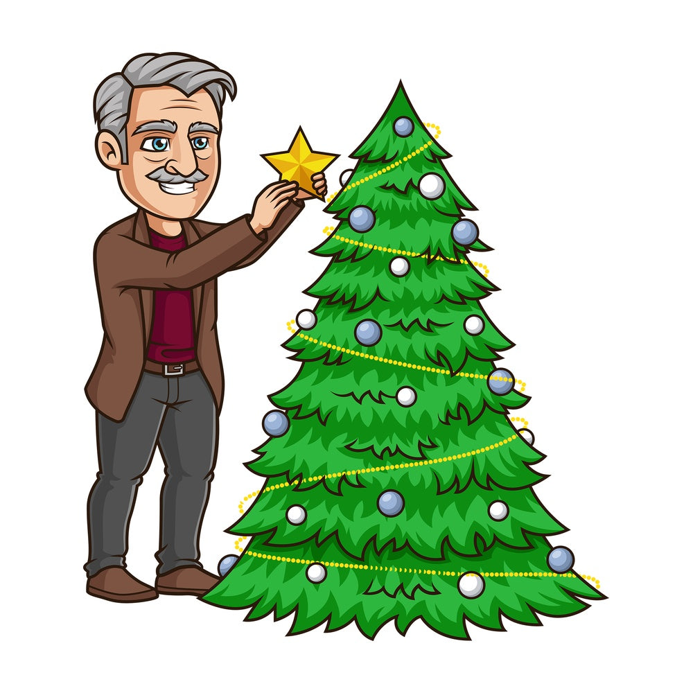 Old man decorating christmas tree. PNG - JPG and vector EPS (infinitely scalable).