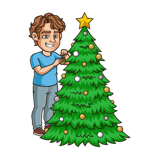 Young man decorating xmas tree. PNG - JPG and vector EPS (infinitely scalable).