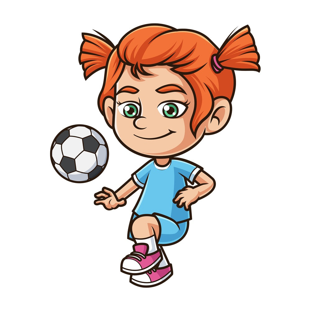 Ginger girl playing soccer. PNG - JPG and vector EPS (infinitely scalable).