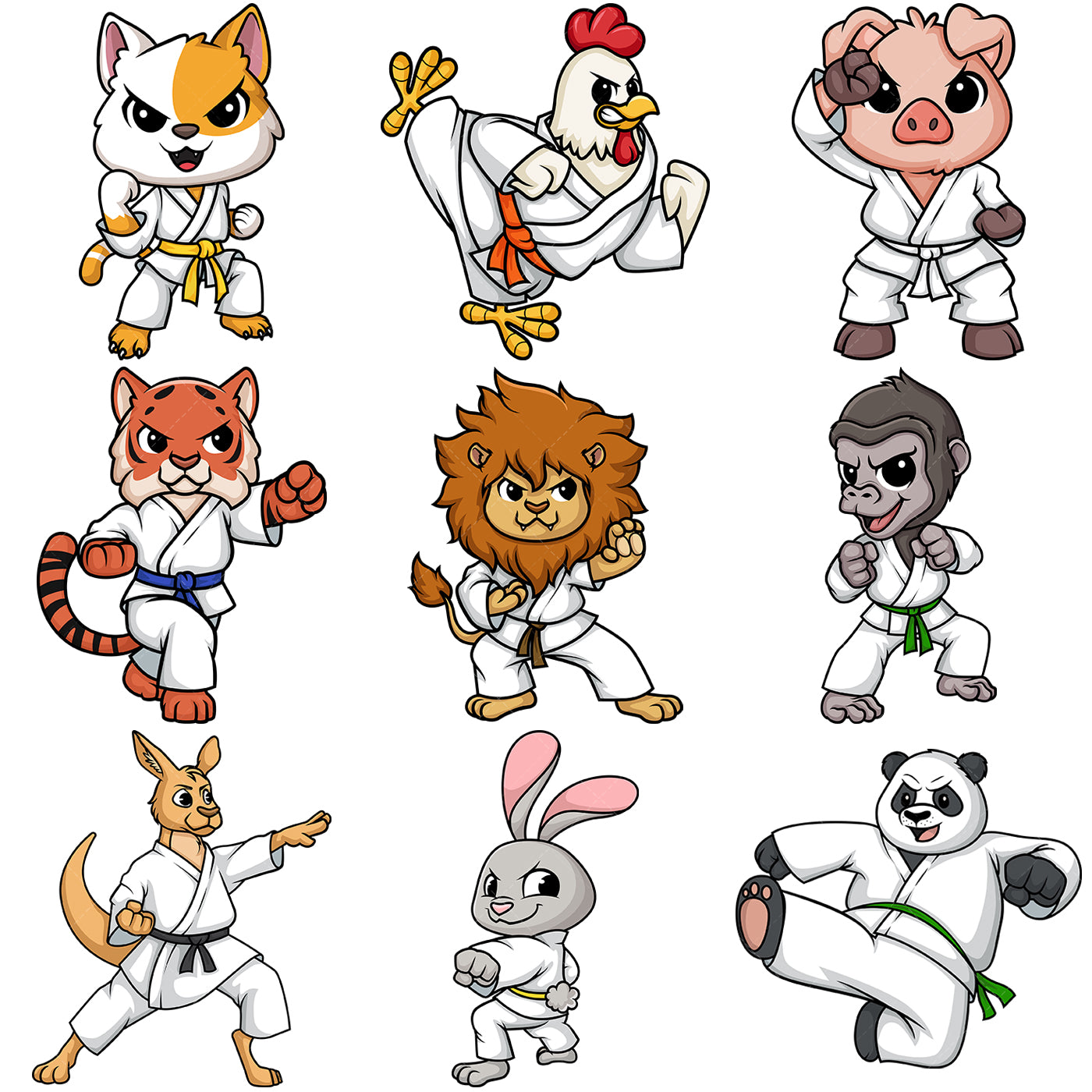 A bundle of 9 royalty-free stock vector illustrations of animals doing karate.