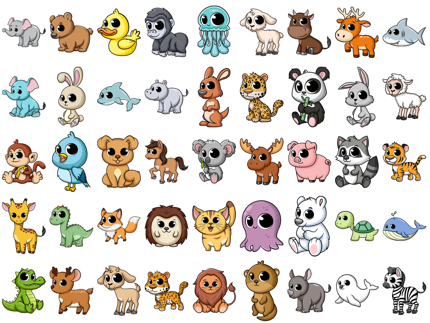 A bundle of 45 royalty-free stock vector illustrations of baby animals.