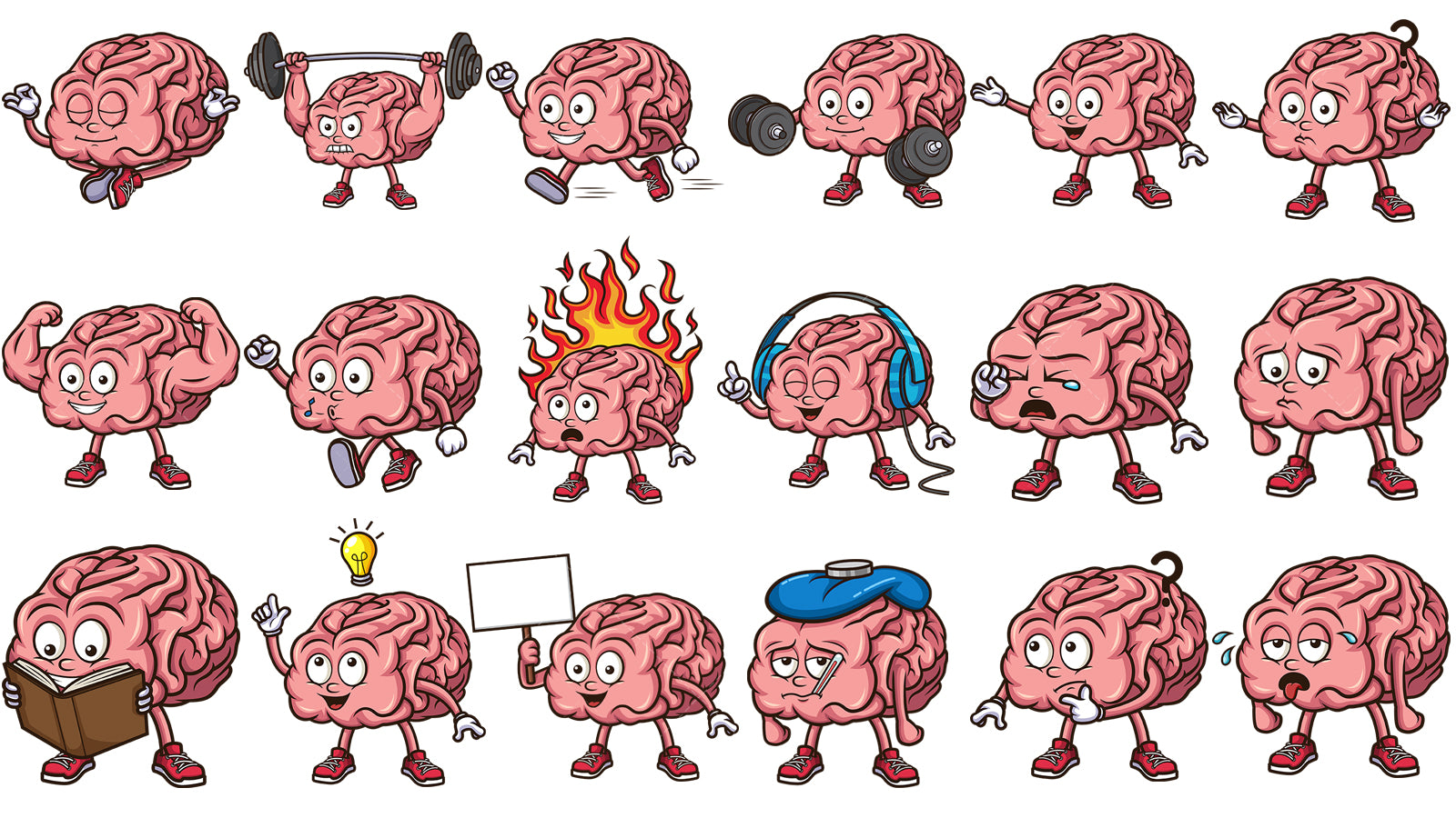 A bundle of 36 royalty-free stock vector illustrations of a brain mascot character.
