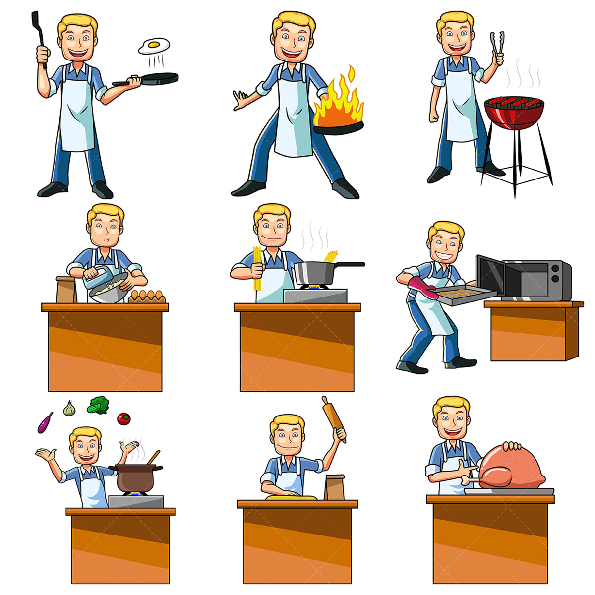 A bundle of 9 royalty-free stock vector illustrations of a caucasian man cooking.