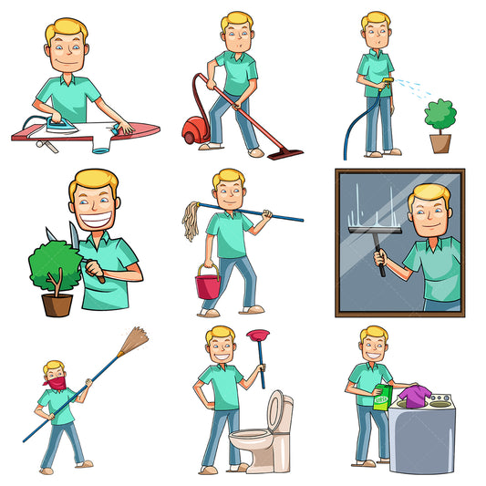 A bundle of 9 royalty-free stock vector illustrations of a caucasian man household chores.