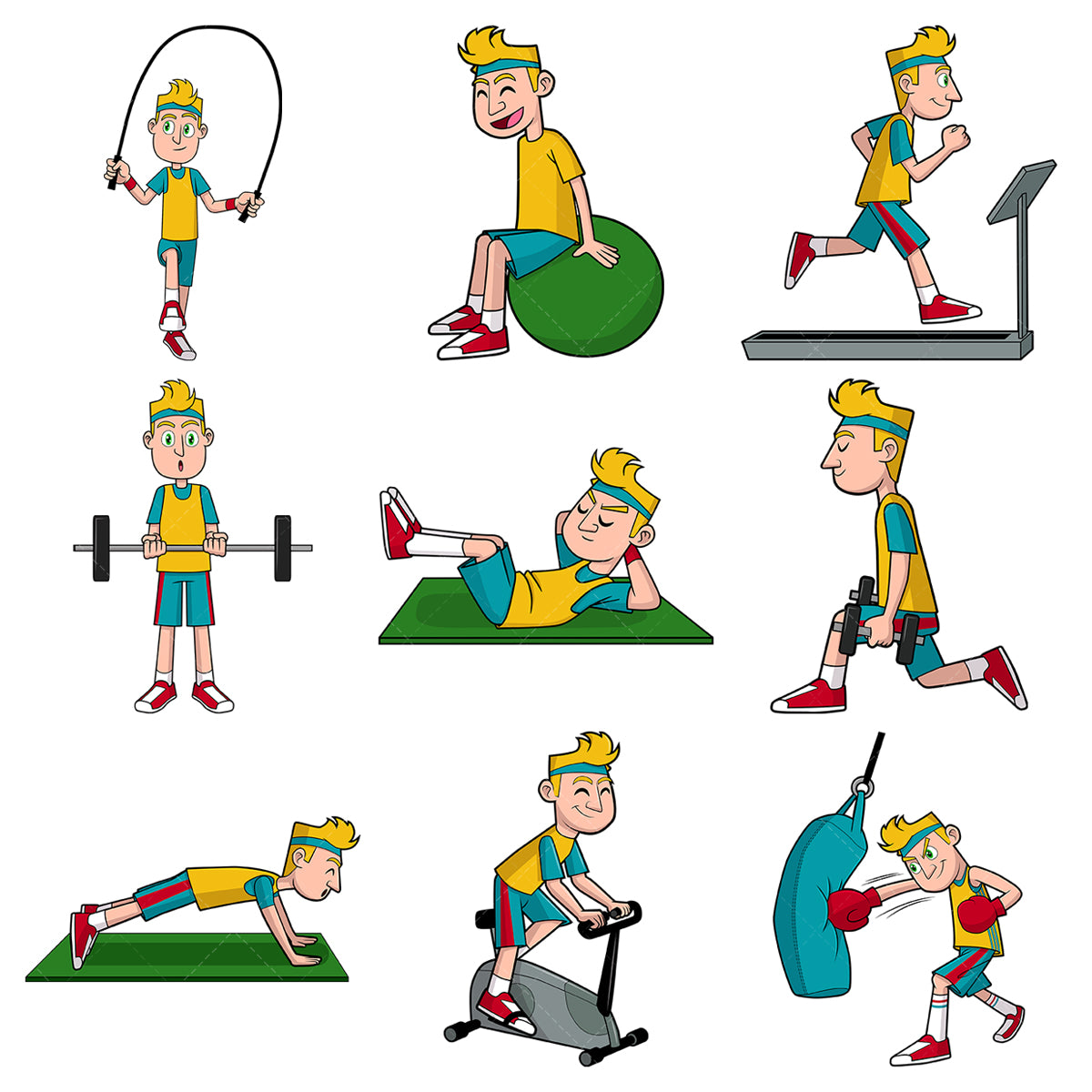 A bundle of 9 royalty-free stock vector illustrations of a caucasian man working out.