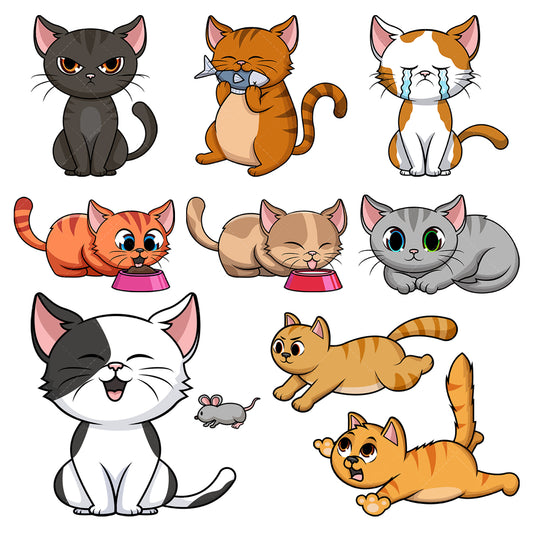 A bundle of 9 royalty-free stock vector illustrations of cute cats.