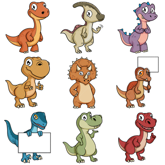 A bundle of 9 royalty-free stock vector illustrations of cute dinosaur characters.
