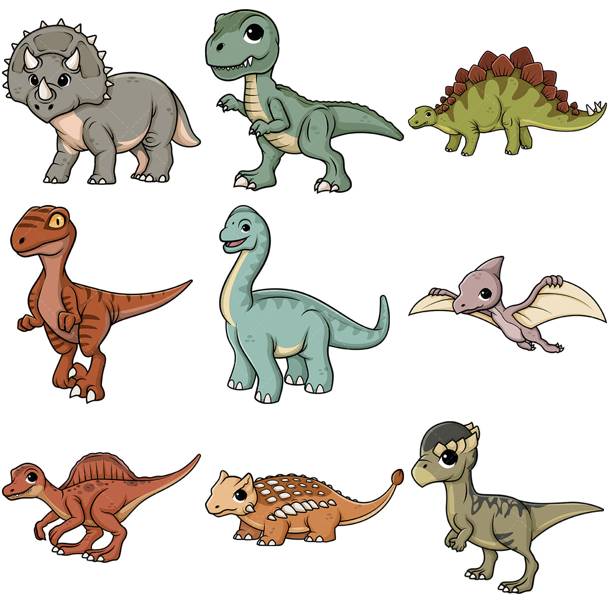 A bundle of 9 royalty-free stock vector illustrations of cute dinosaurs.