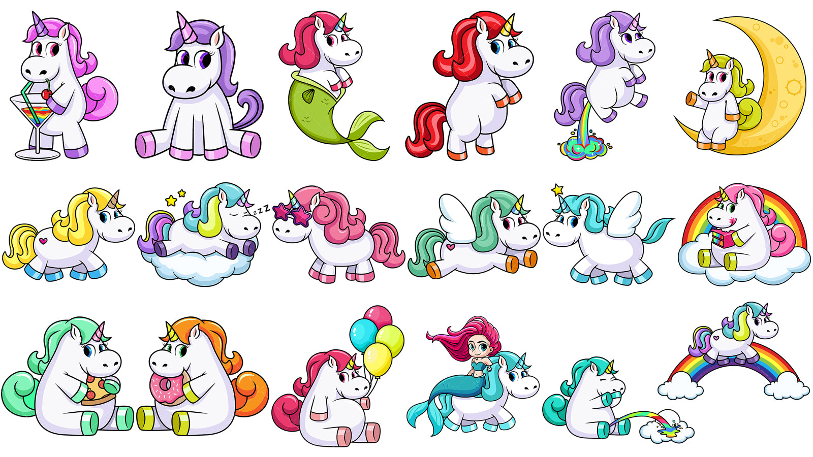 A bundle of 18 royalty-free stock vector illustrations of cute unicorns.