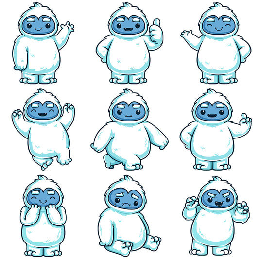 A bundle of 9 royalty-free stock vector illustrations of a cute yeti monster.