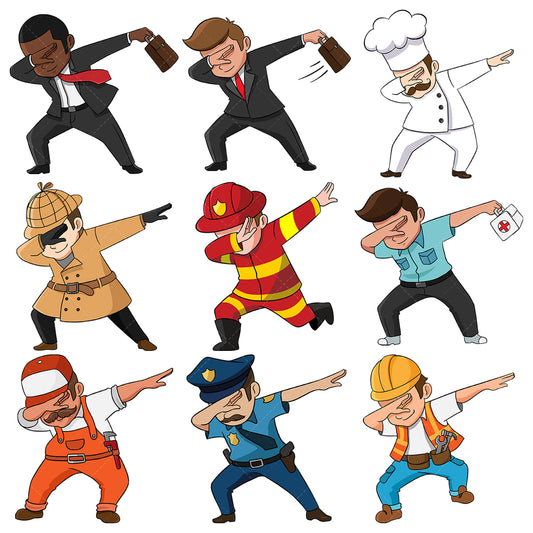 A bundle of 9 royalty-free stock vector illustrations of dabbing professionals.