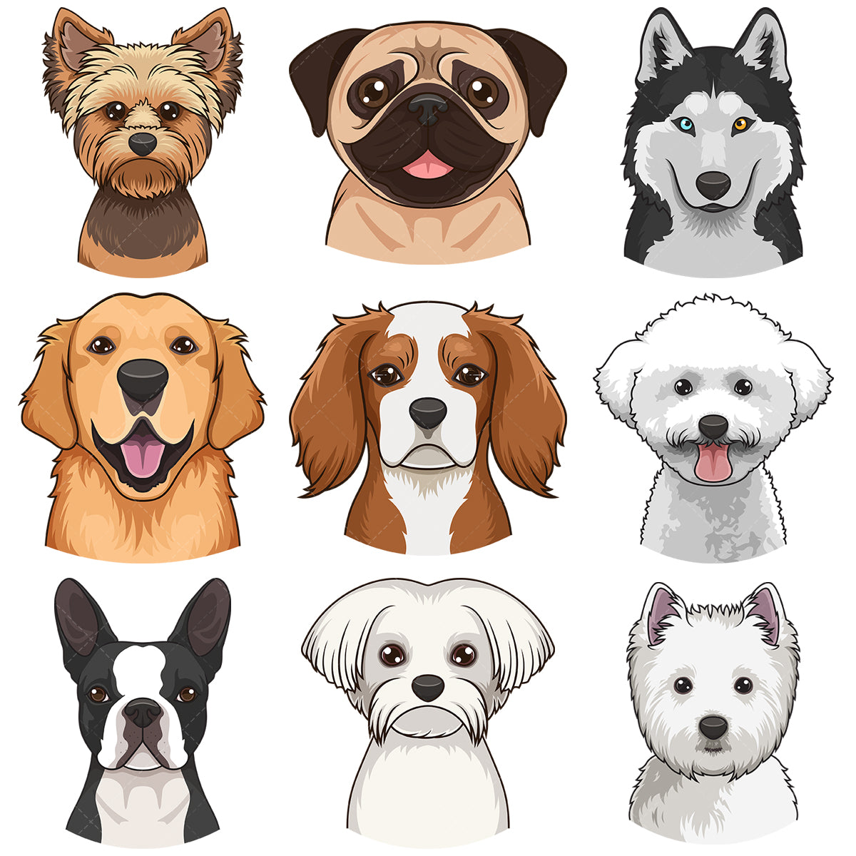 A bundle of 9 royalty-free stock vector illustrations of dog faces.