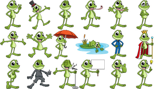 A bundle of 18 royalty-free stock vector illustrations of a frog mascot character.