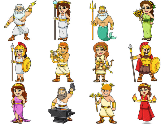 A bundle of 12 royalty-free stock vector illustrations of greek gods.