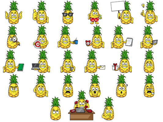 A bundle of 27 royalty-free stock vector illustrations of a pineapple character.