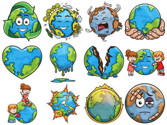 A bundle of 12 royalty-free stock vector illustrations of the planet earth.