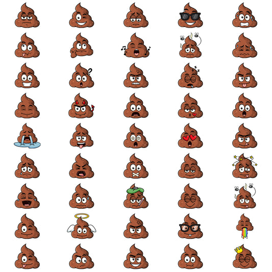 A bundle of 46 royalty-free stock vector illustrations of poop emojis.