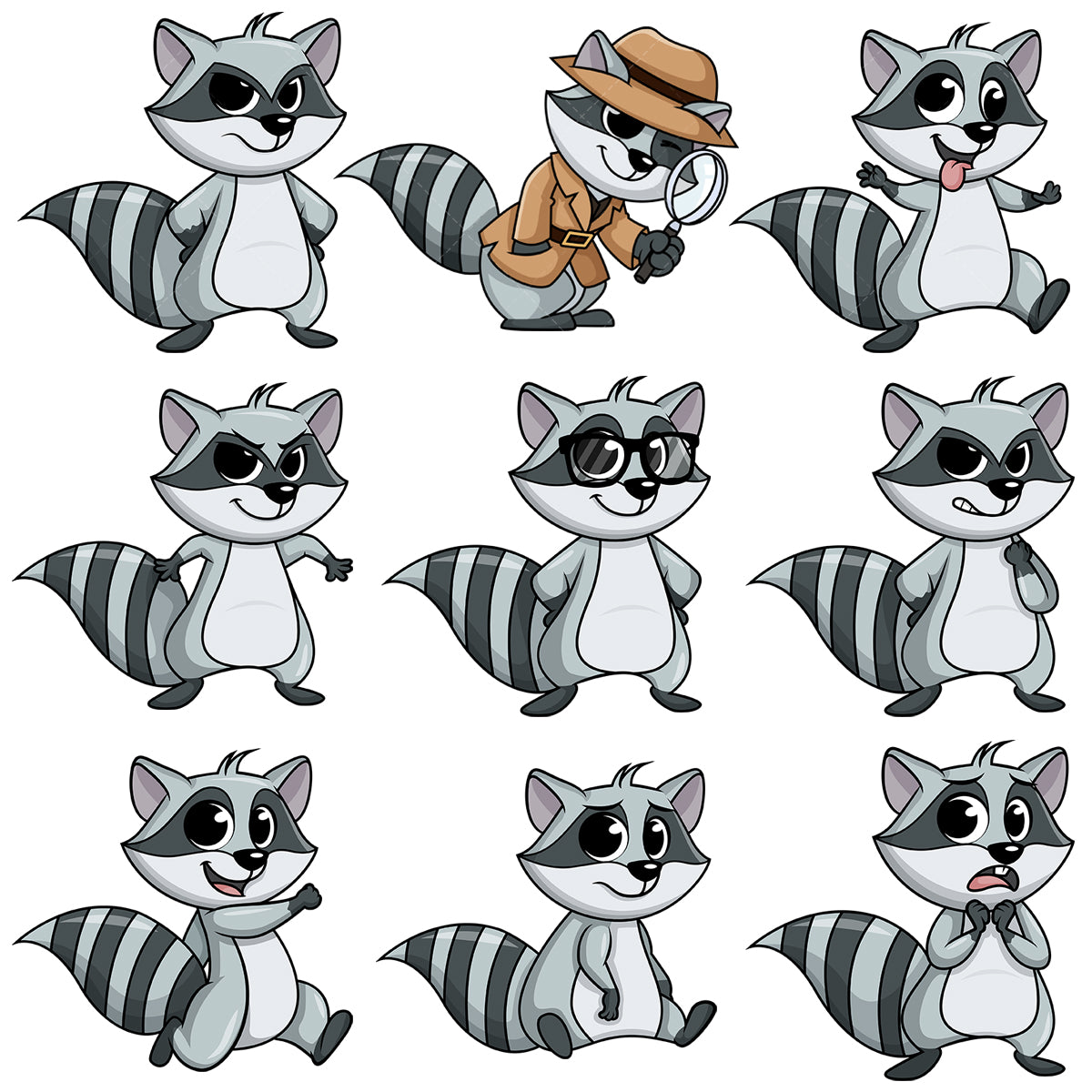 A bundle of 9 royalty-free stock vector illustrations of raccoon mascot.