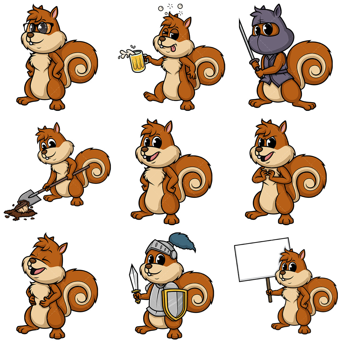 A bundle of 9 royalty-free stock vector illustrations of a squirrel character.
