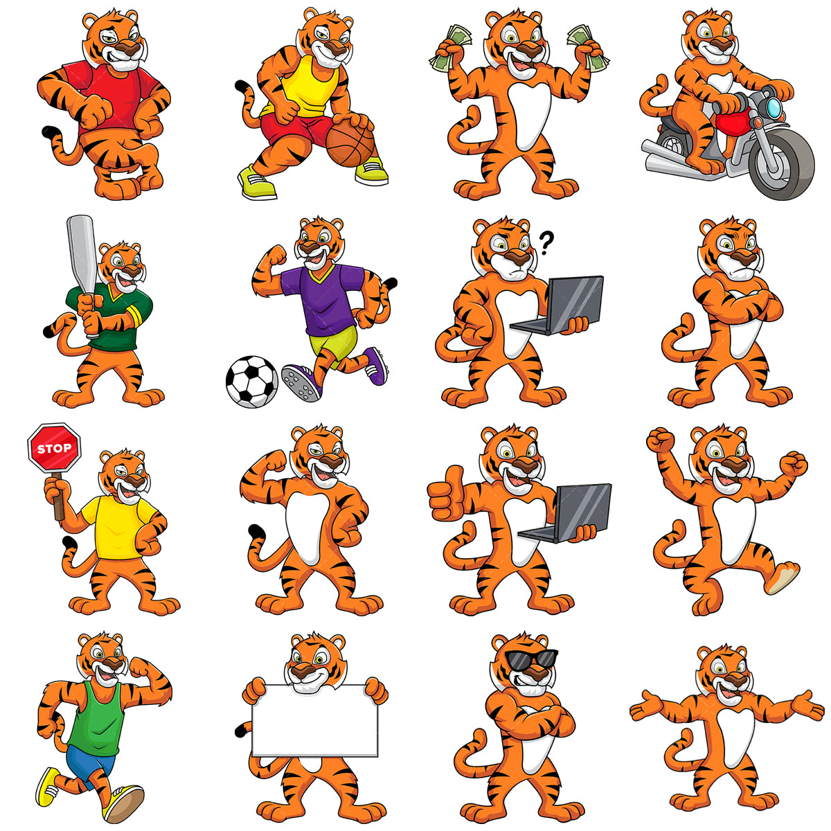 A bundle of 16 royalty-free stock vector illustrations of a tiger mascot character.