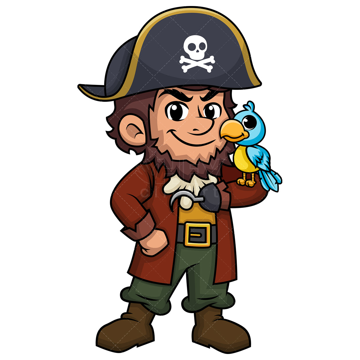 Royalty-free stock vector illustration of  a pirate captain with parrot on his shoulder.