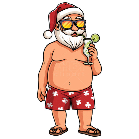 Royalty-free stock vector illustration of a summer santa claus drinking mojito.