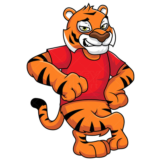 Royalty-free stock vector illustration of a tiger mascot leaning on something.