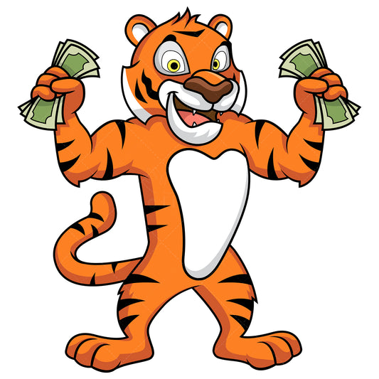 Royalty-free stock vector illustration of a tiger holding cash with both hands.