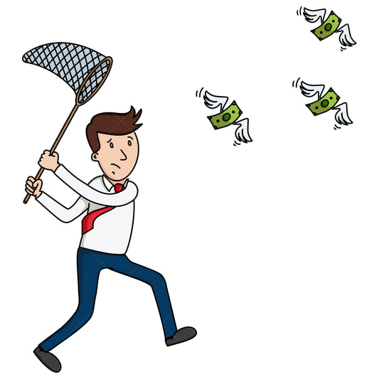 Royalty-free stock vector illustration of a businessman trying to catch money with net.