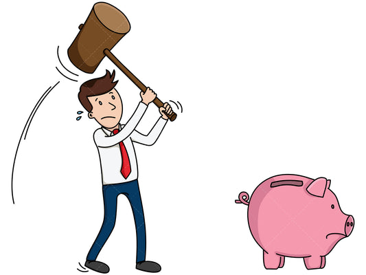 Royalty-free stock vector illustration of a businessman smashing open a piggy bank.