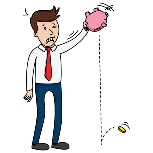 Royalty-free stock vector illustration of a businessman shaking money from a piggy bank.